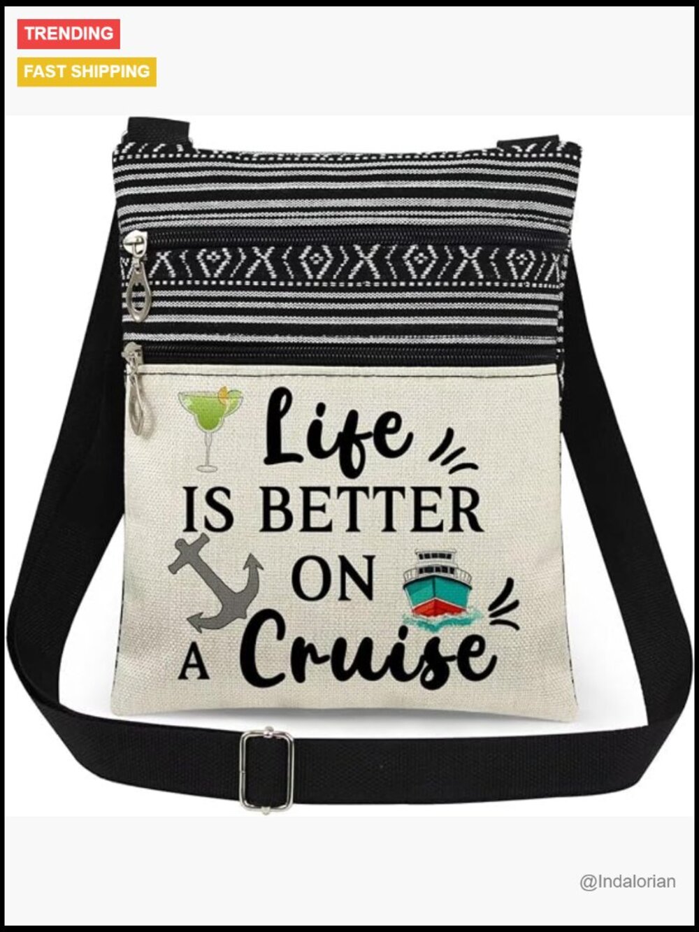 Polyester Crossbody Bag with Adjustable Strap - Cruise Life Print, Zipper